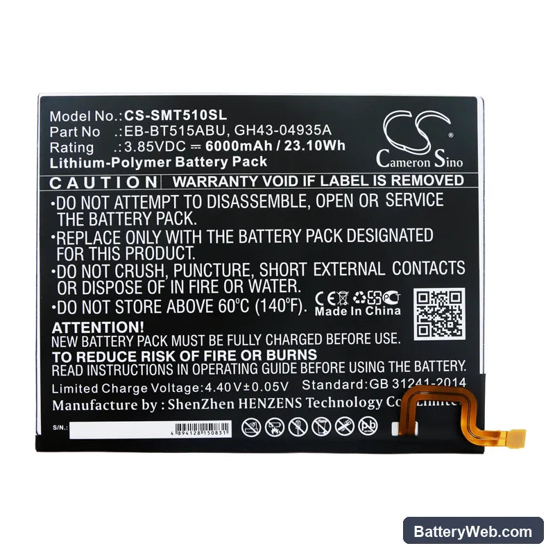 Samsung SM-T510 Replacement Battery, 3.85V, 6000mAh, Li-Polymer 3