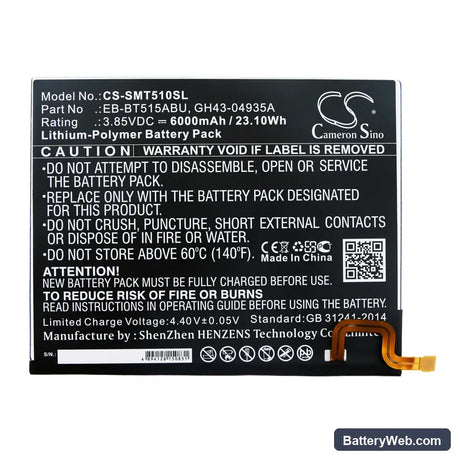 Samsung SM-T510 Replacement Battery, 3.85V, 6000mAh, Li-Polymer 3