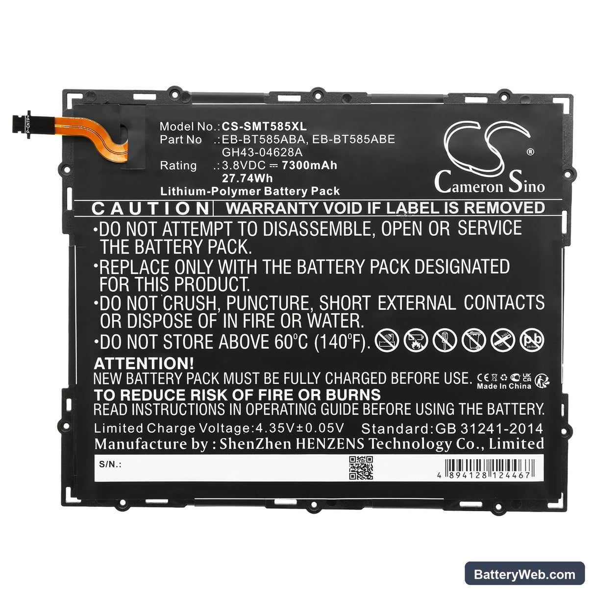 Samsung SM-T580 Replacement Battery, 3.8V, 7300mAh, Li-Polymer 3