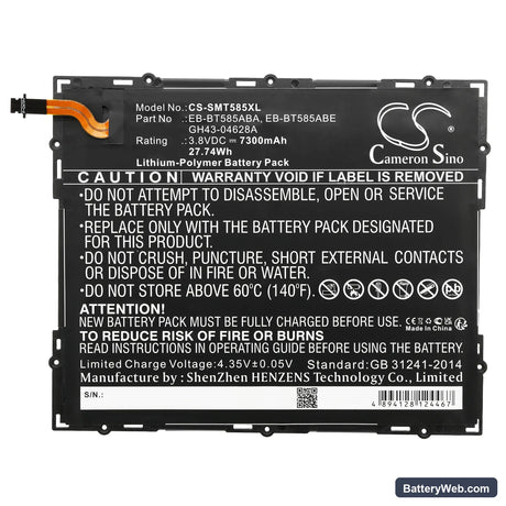 Samsung SM-T580 Replacement Battery, 3.8V, 7300mAh, Li-Polymer 3