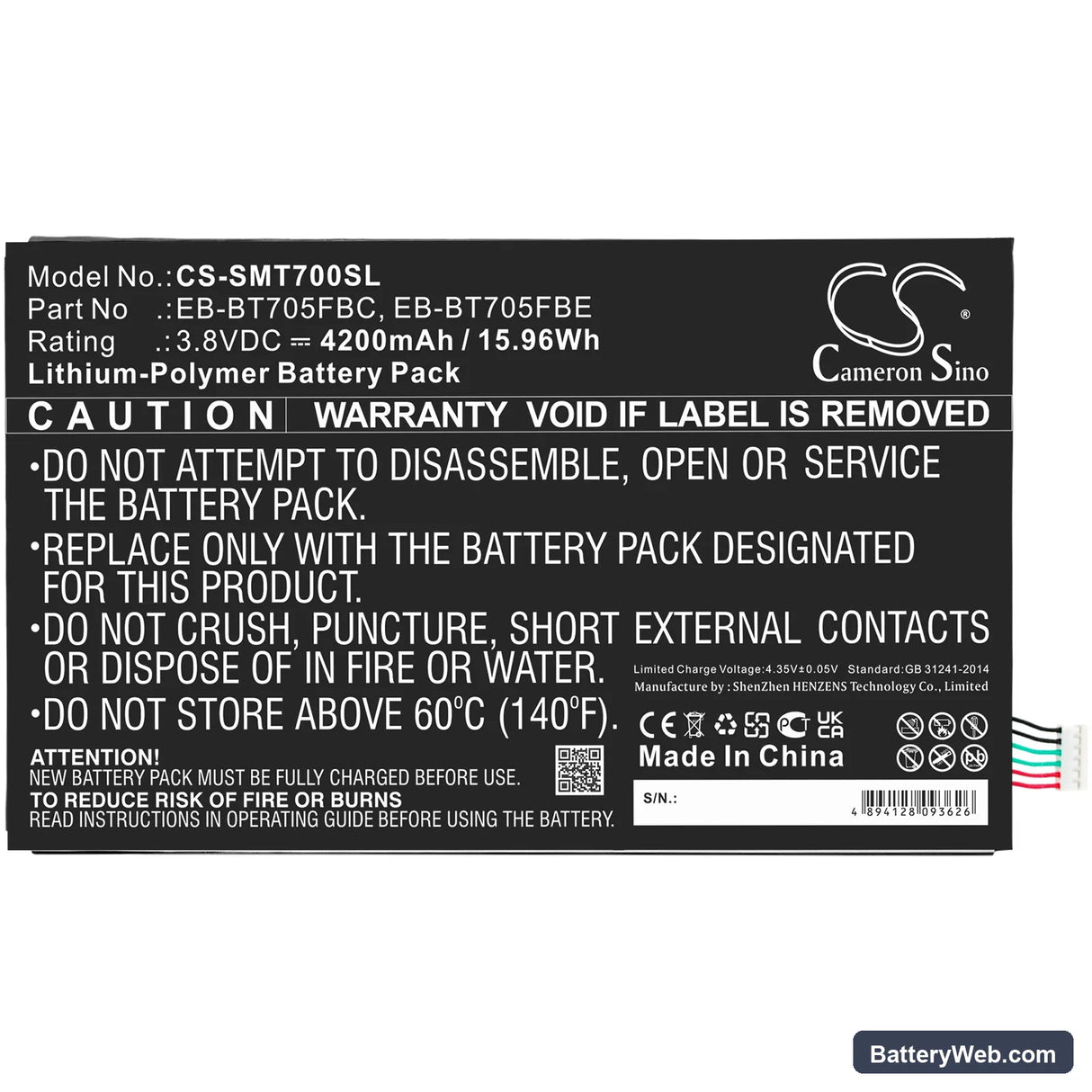 Samsung Galaxy Tab S 8.4 Replacement Battery, 3.8V, 4200mAh, Li-Polymer 3