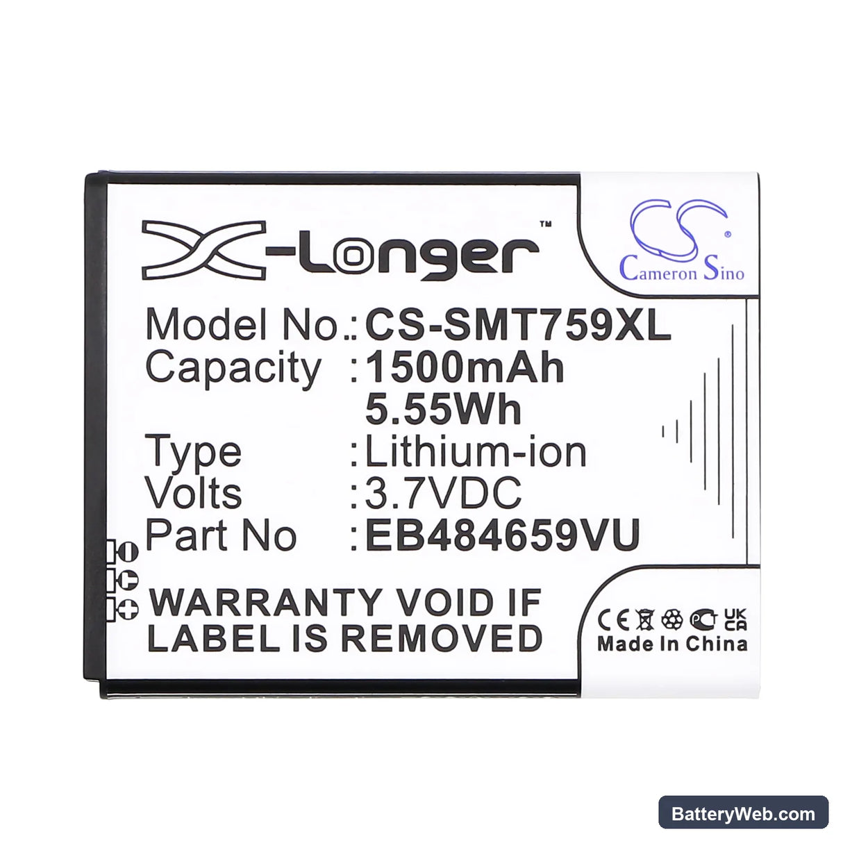 Samsung SGH-T759 Replacement Battery, 3.7V, 1500mAh, Li-ion 3