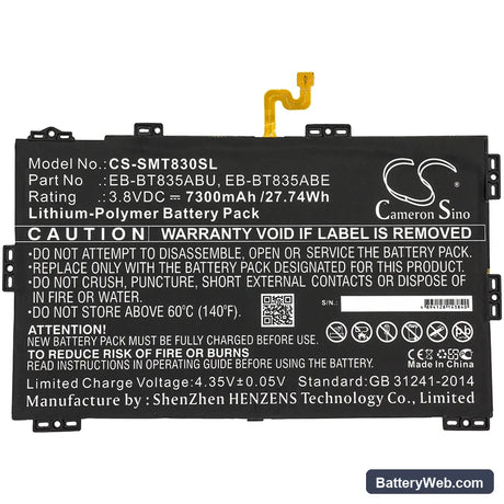 Samsung SM-T830 Replacement Battery, 3.8V, 7300mAh, Li-Polymer 3