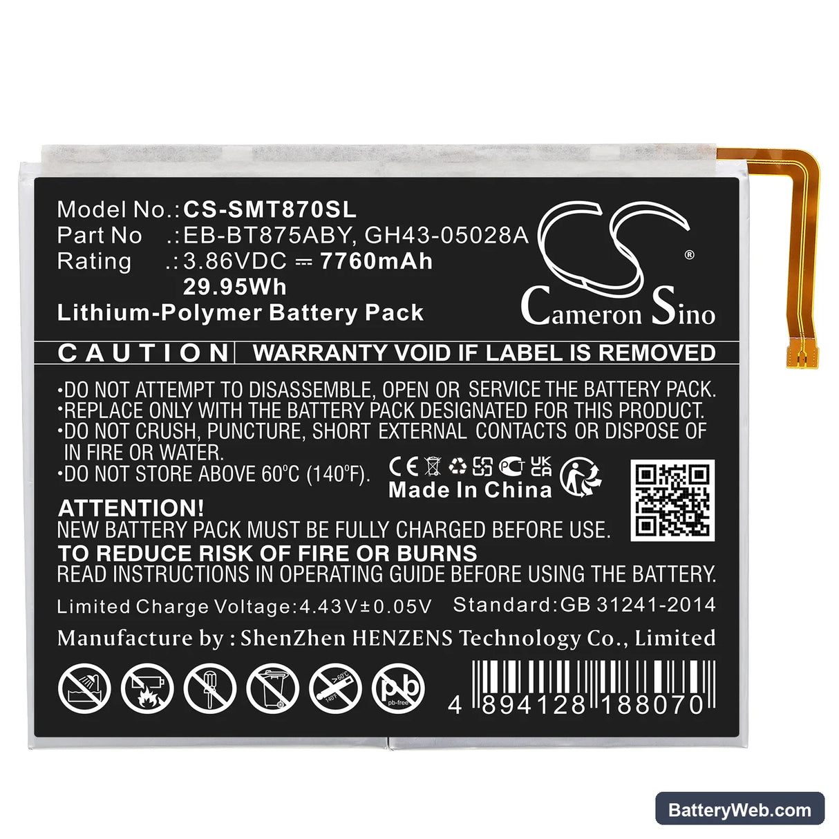 Samsung SM-T870 Replacement Battery, 3.86V, 7760mAh, Li-Polymer 3