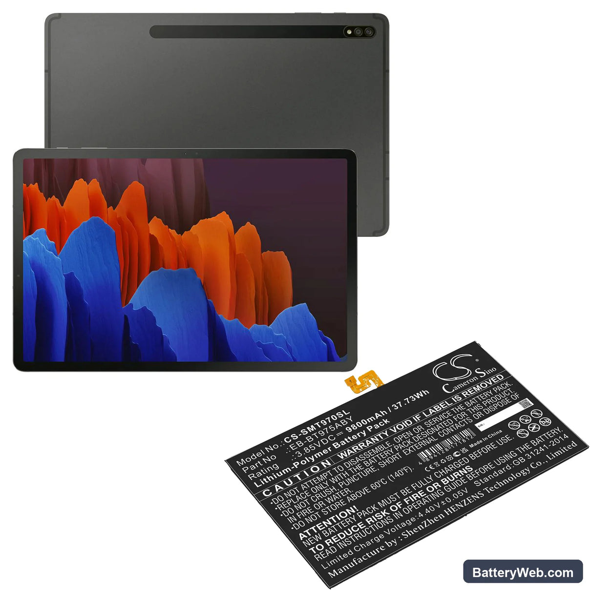 Samsung Galaxy Tab S7 Plus 12.4 Replacement Battery, 3.85V, 9800mAh, Li-Polymer 5