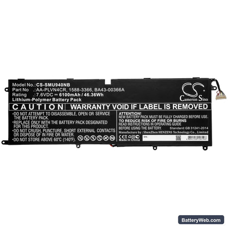 Samsung Ultrabook 940X3G Replacement Battery, 7.6V, 6100mAh, Li-Polymer 3
