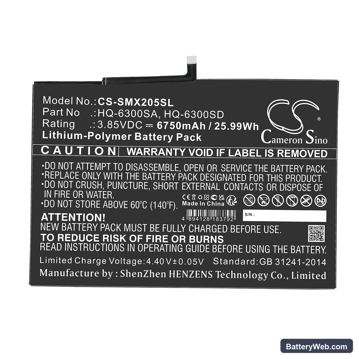 Samsung Tab A8 10.5 Replacement Battery, 3.85V, 6750mAh, Li-Polymer 3