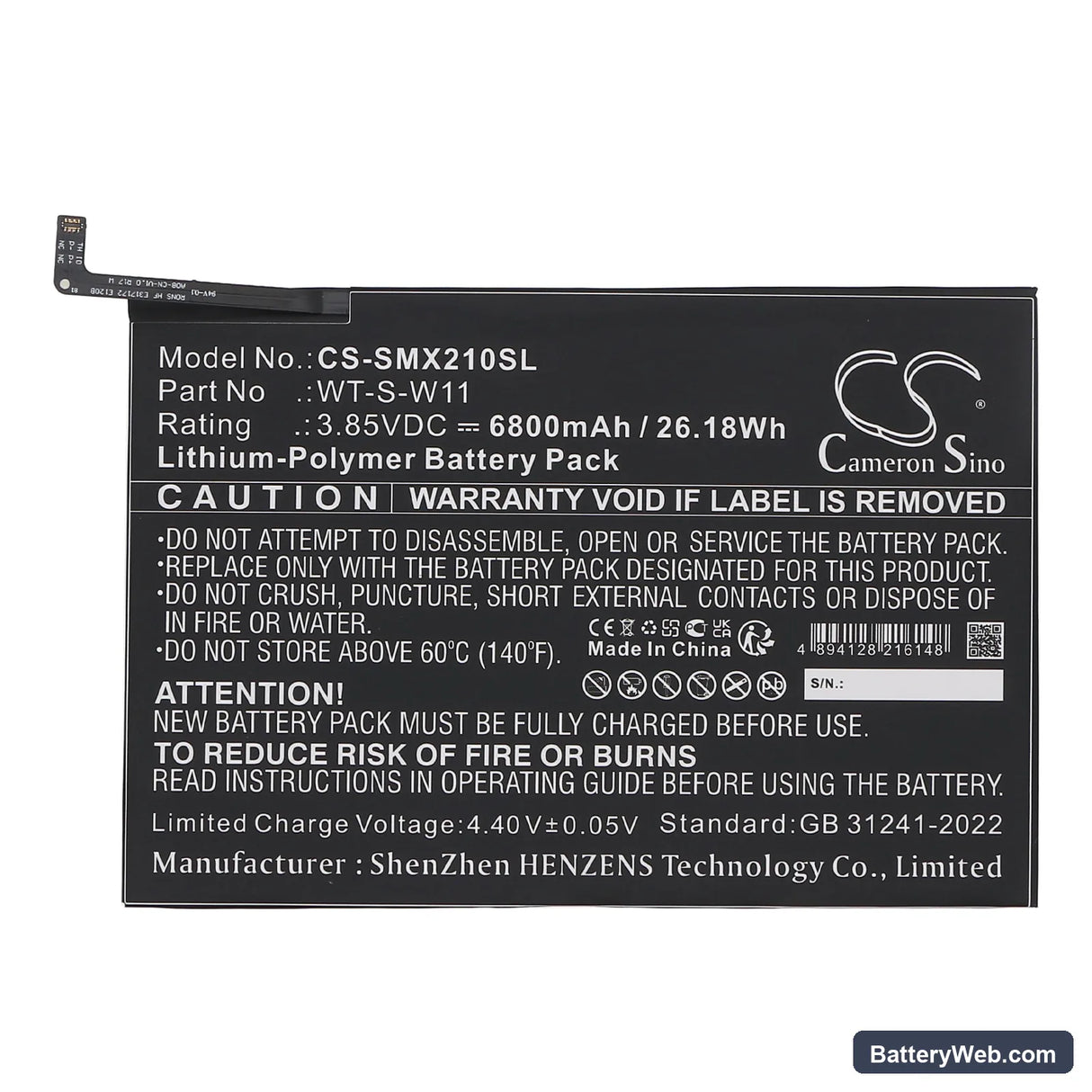 Samsung Galaxy Tab A9+ 5G 11 Replacement Battery, 3.85V, 6800mAh, Li-Polymer 3