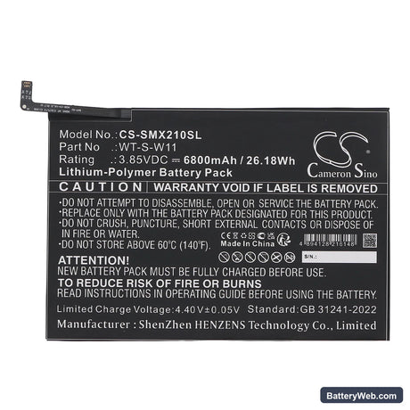 Samsung Galaxy Tab A9+ 5G 11 Replacement Battery, 3.85V, 6800mAh, Li-Polymer 3