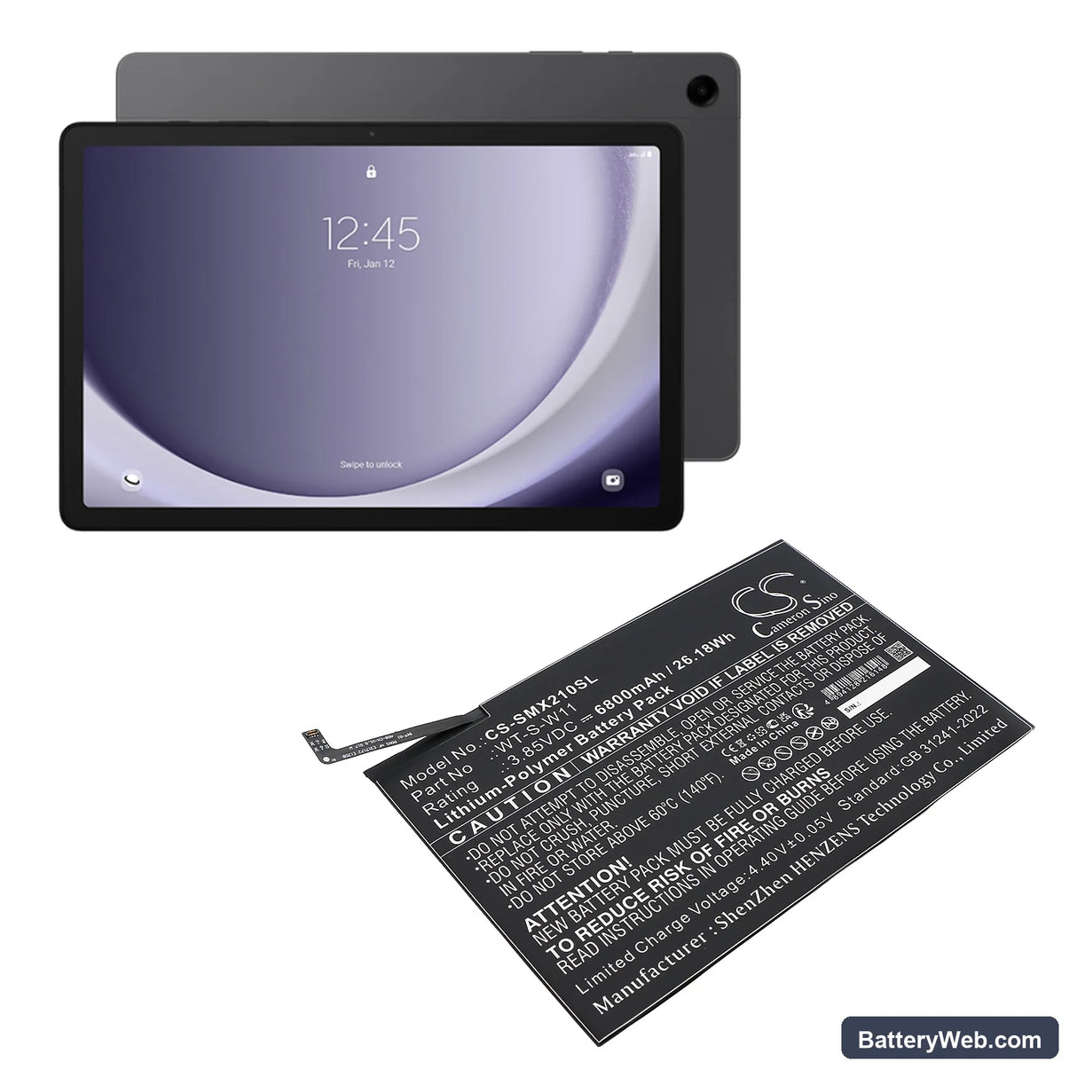 Samsung Galaxy Tab A9+ 5G 11 Replacement Battery, 3.85V, 6800mAh, Li-Polymer 5