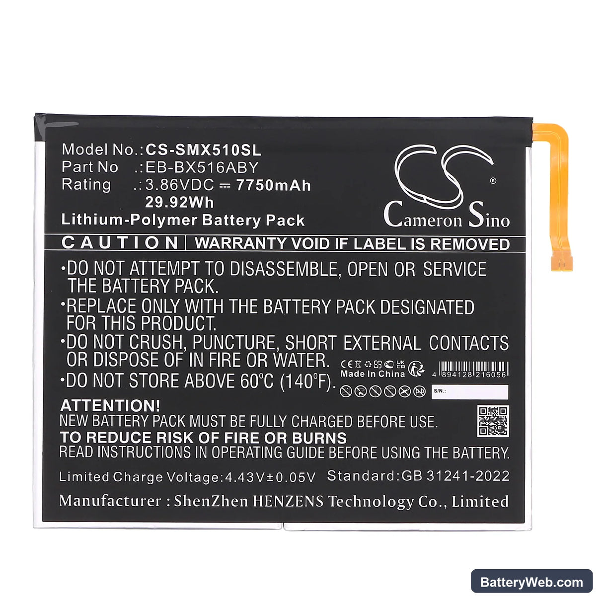 Samsung Galaxy Tab S9 FE Replacement Battery, 3.86V, 7750mAh, Li-Polymer 3
