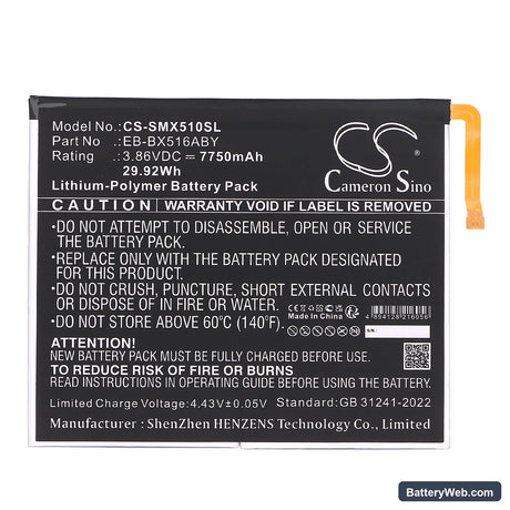Samsung Galaxy Tab S9 FE Replacement Battery, 3.86V, 7750mAh, Li-Polymer 3