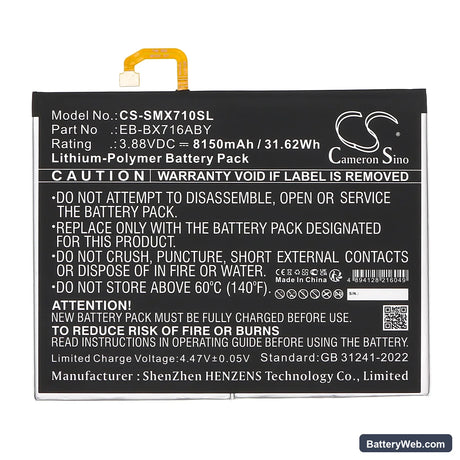 Samsung Galaxy Tab S9 Replacement Battery, 3.88V, 8150mAh, Li-Polymer 3
