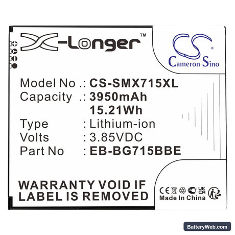 Samsung Galaxy Xcover Pro Replacement Battery, 3.85V, 3950mAh, Li-ion 3