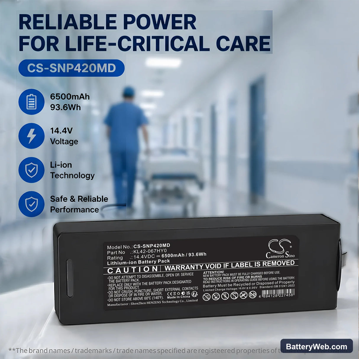 SonoScape Replacement Battery, 14.4V, 6500mAh, Li-ion 7