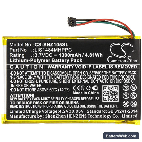 Sony NWZ-Z1050 Replacement Battery, 3.7V, 1300mAh, Li-Polymer 3