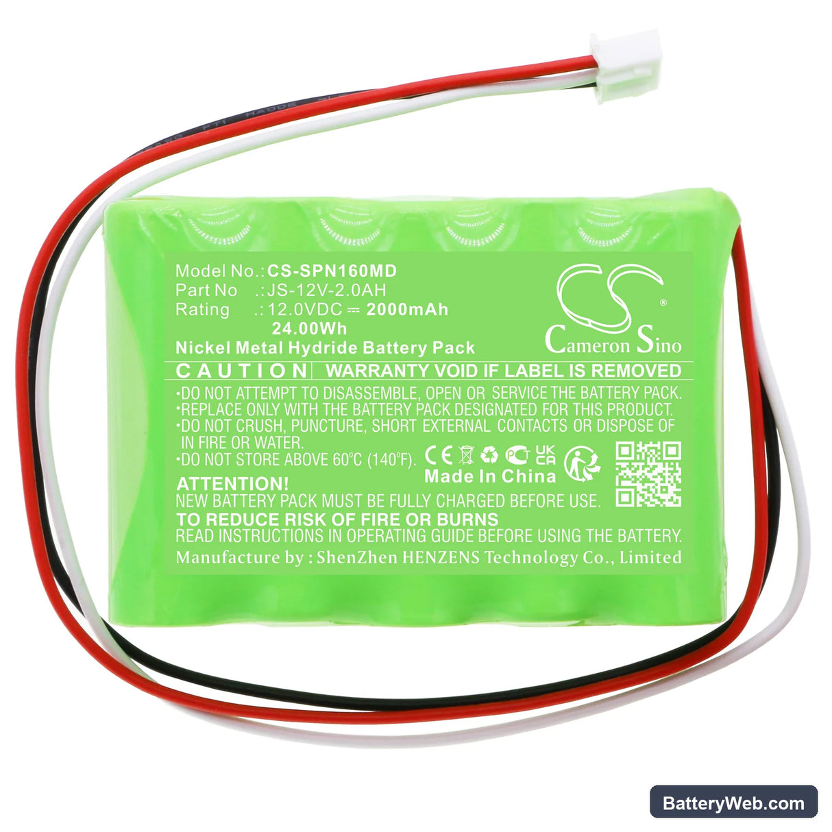 SinoMDT Infusion Pump SN-1600V Replacement Battery, 12V, 2000mAh, Ni-MH 3