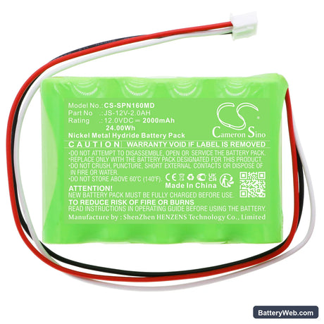 SinoMDT Infusion Pump SN-1600V Replacement Battery, 12V, 2000mAh, Ni-MH 3