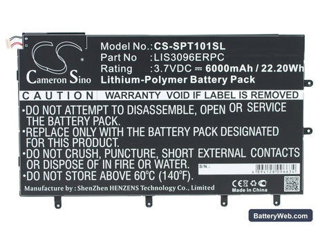 Sony Xperia Tablet Z 10.1" Replacement Battery, 3.7V, 6000mAh, Li-Polymer 1