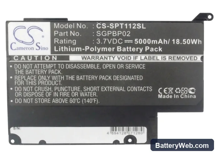 Sony SGPT111CN Replacement Battery, 3.7V, 5000mAh, Li-Polymer 5