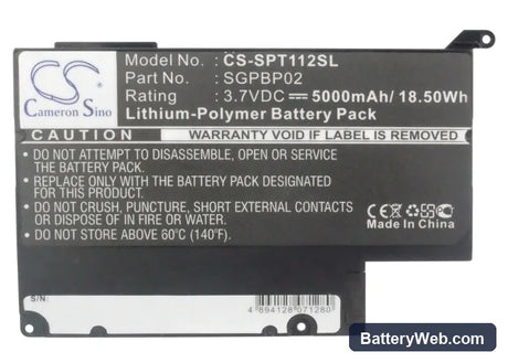 Sony SGPT111CN Replacement Battery, 3.7V, 5000mAh, Li-Polymer 5