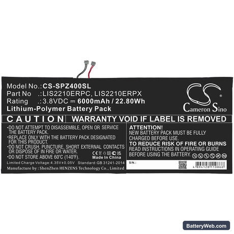 Sony Xperia Z4 Tablet SGP712 Replacement Battery, 3.8V, 6000mAh, Li-Polymer 3