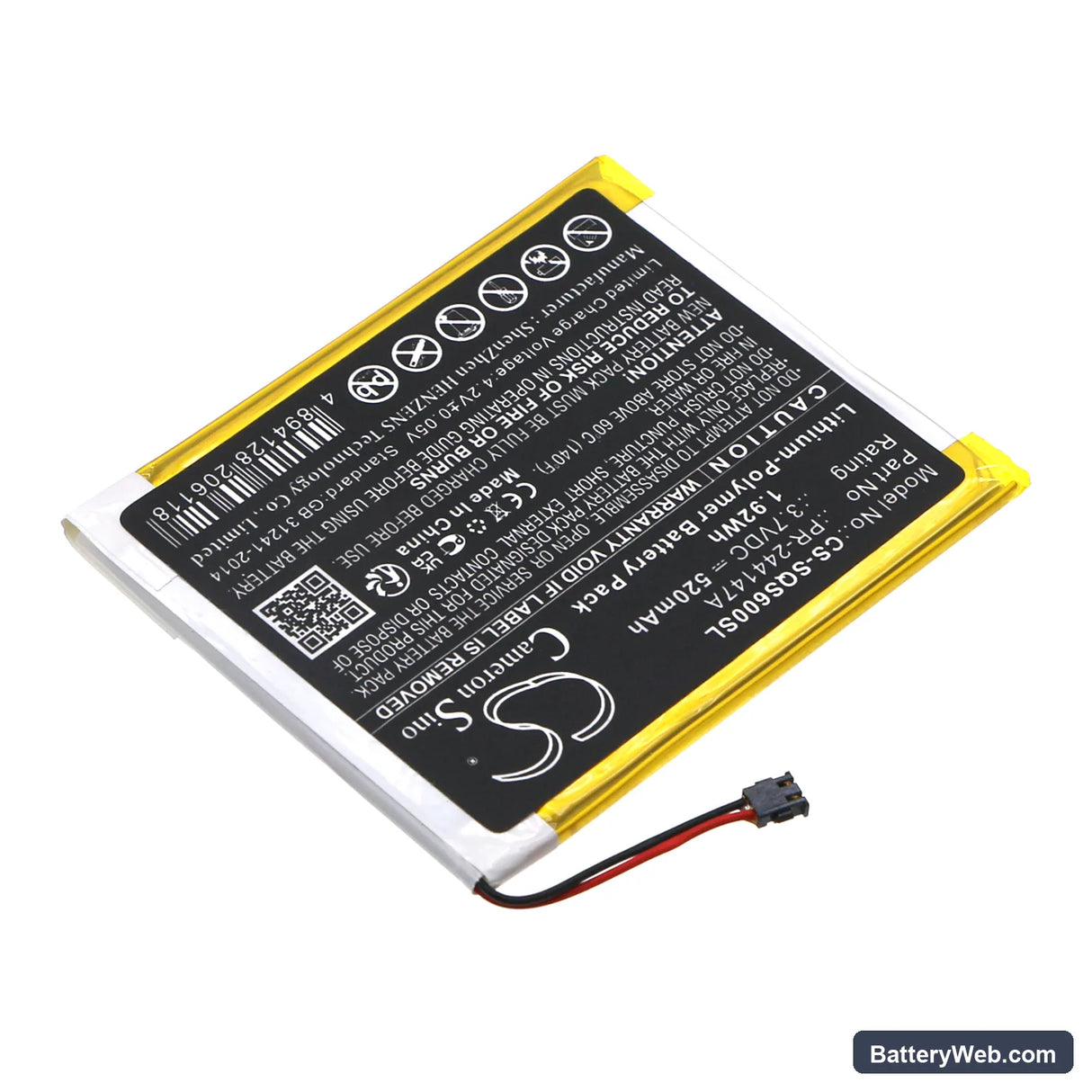 Square S6 Replacement Battery, 3.7V, 520mAh, Li-Polymer 2
