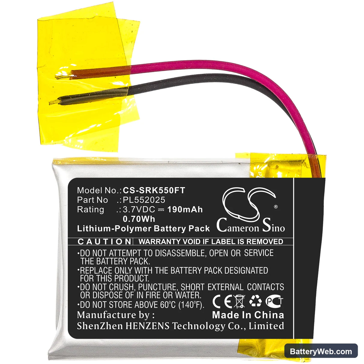 Shark 550R Replacement Battery, 3.7V, 190mAh, Li-Polymer 3