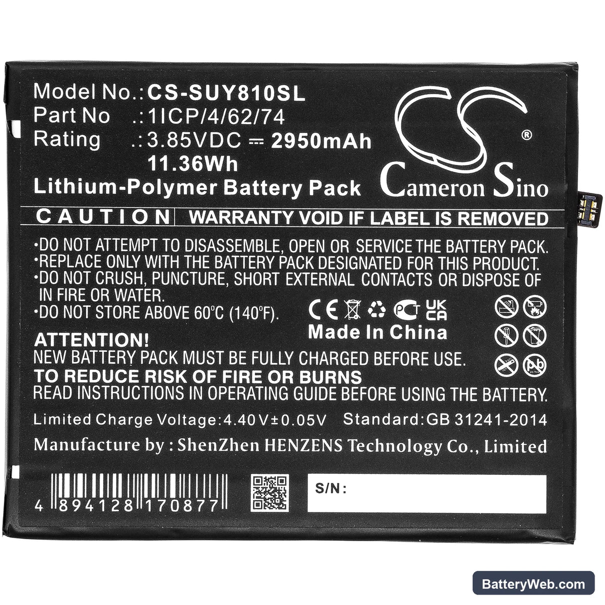 Sugar Y8 Max Replacement Battery, 3.85V, 2950mAh, Li-Polymer 3