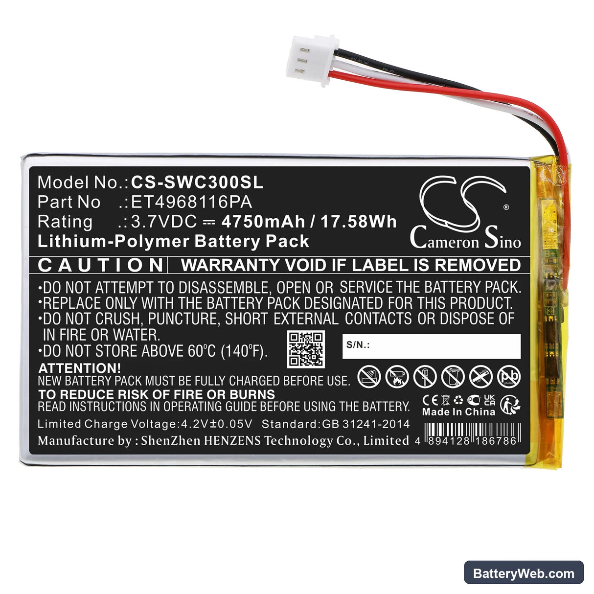 Swing Caddie SC300 Replacement Battery, 3.7V, 4750mAh, Li-Polymer 5