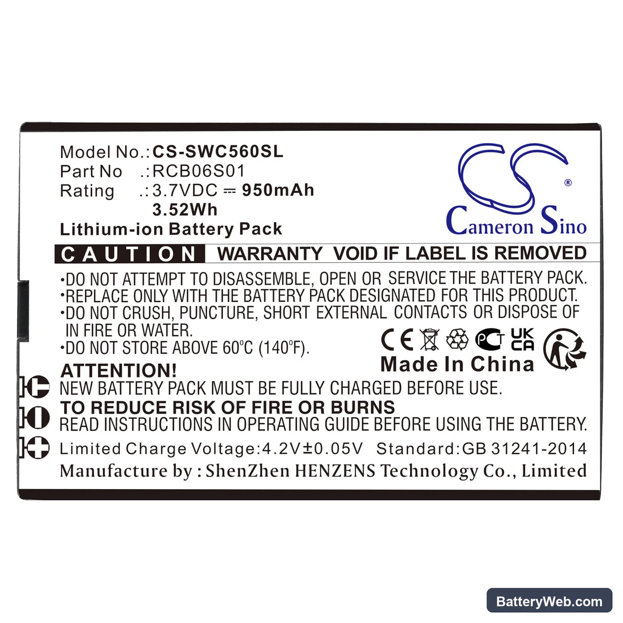 Swisstone SC560 Replacement Battery, 3.7V, 950mAh, Li-ion 3