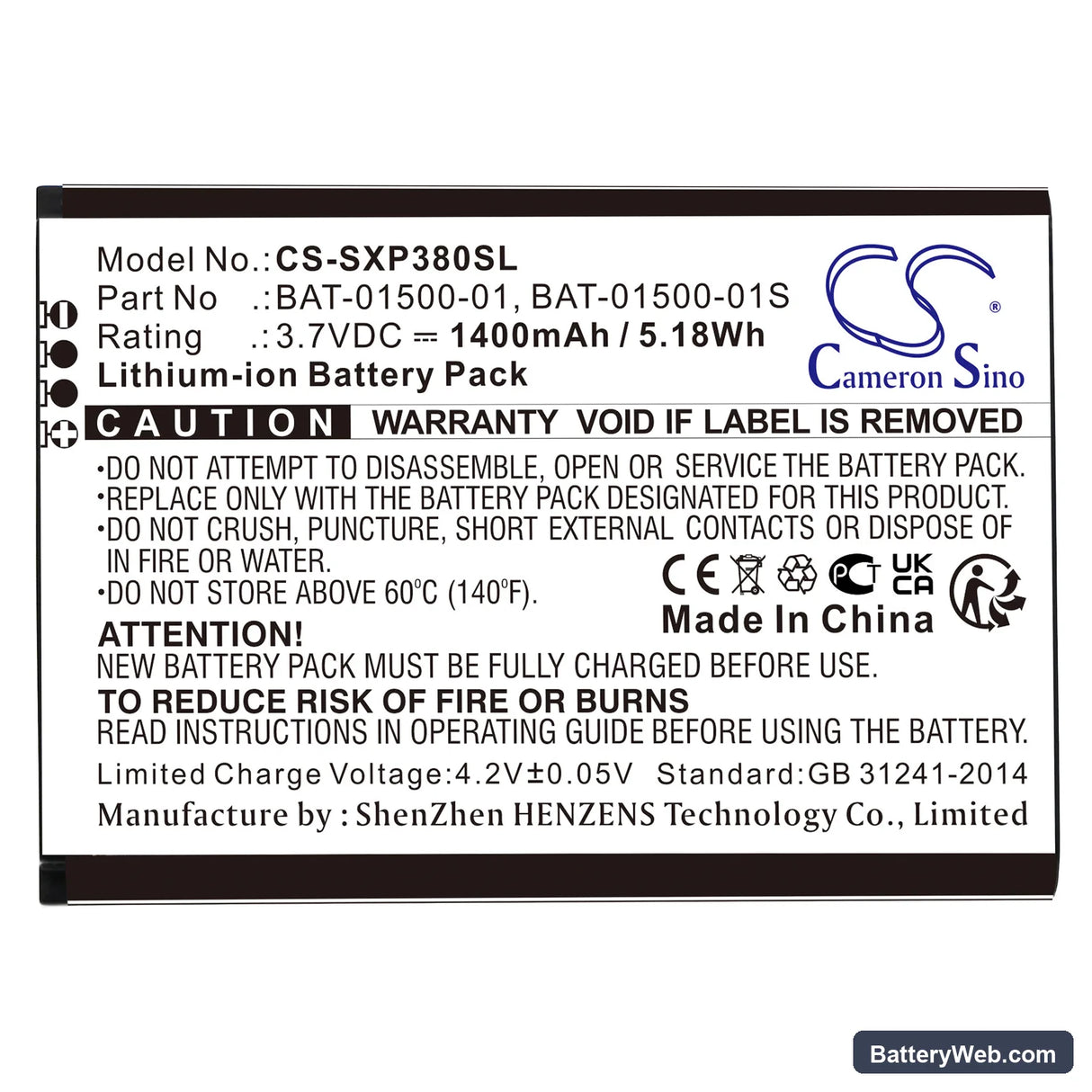 Sonim XP3800 Replacement Battery, 3.7V, 1400mAh, Li-ion 3