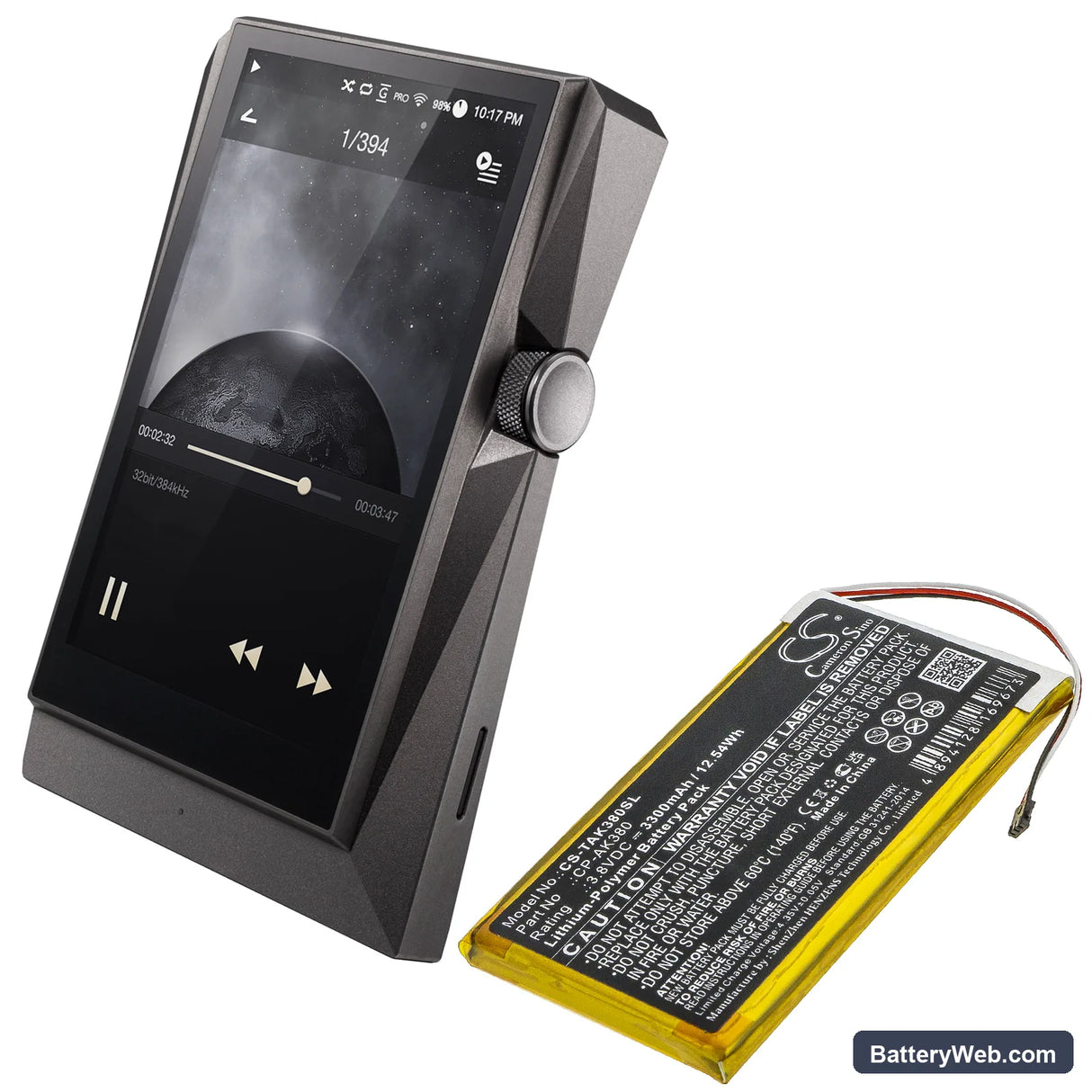 Astell&Kern AK300 Replacement Battery, 3.8V, 3300mAh, Li-Polymer 6