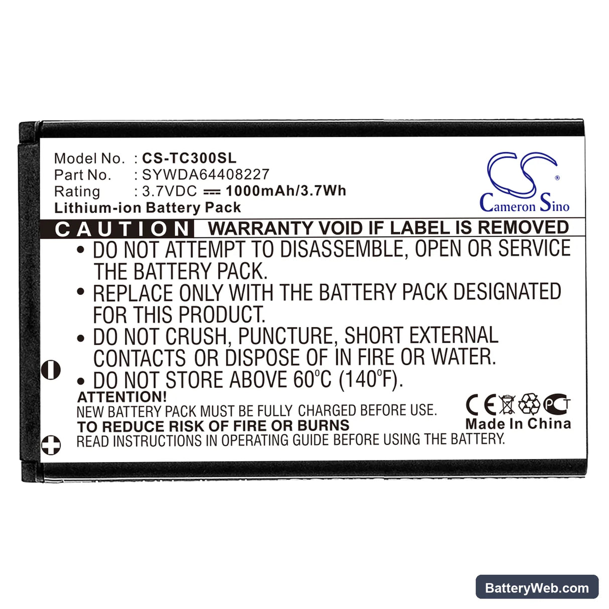 T-Com TC300 Replacement Battery, 3.7V, 1000mAh, Li-ion 3