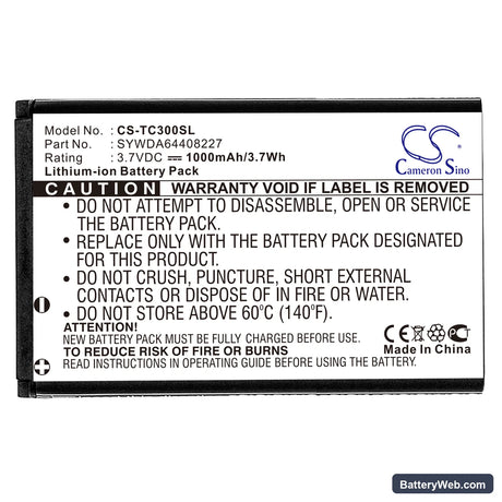 T-Com TC300 Replacement Battery, 3.7V, 1000mAh, Li-ion 3