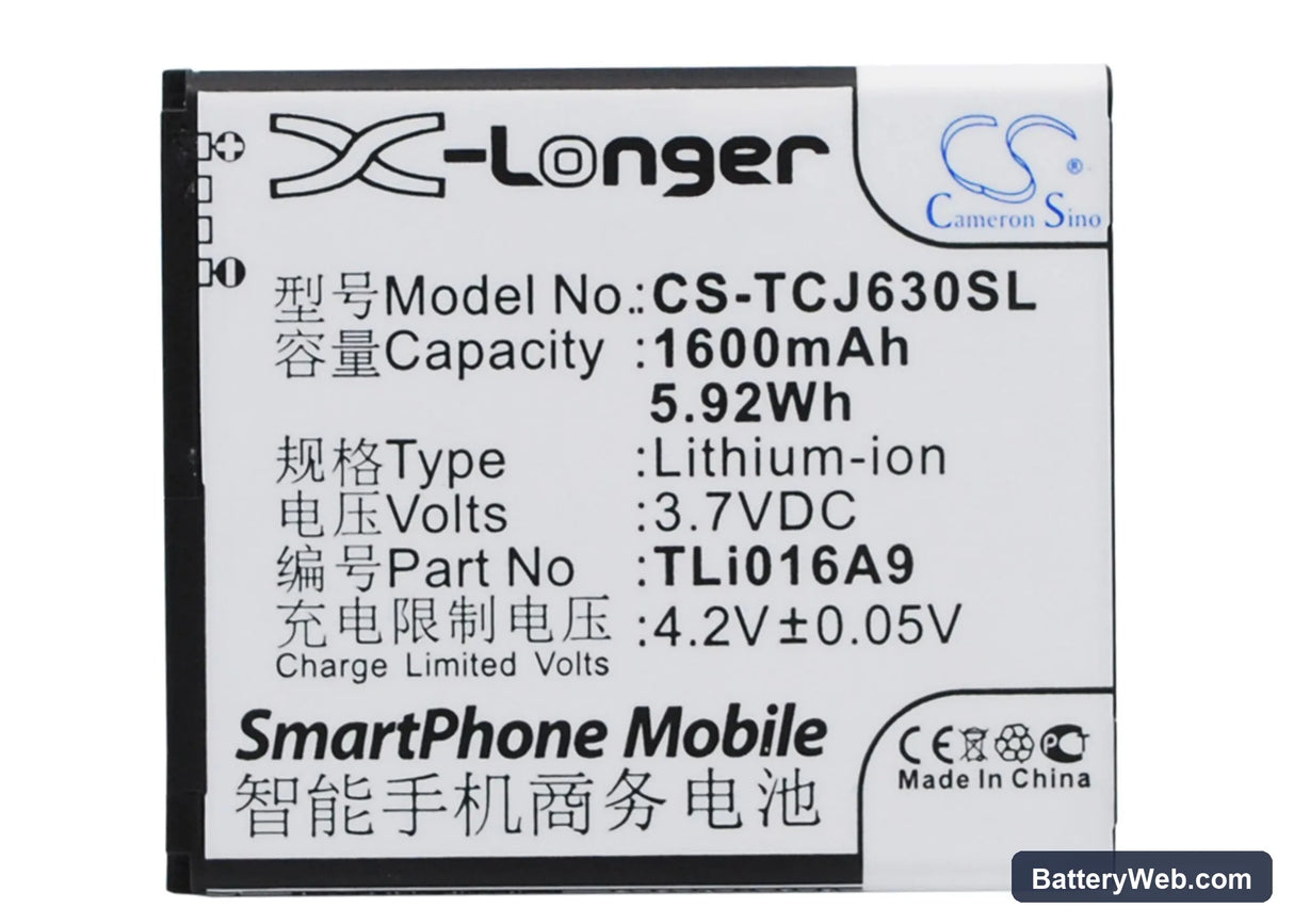 TCL J630T Replacement Battery, 3.7V, 1600mAh, Li-ion 1