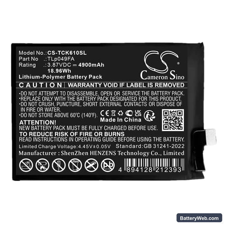TCL 40 SE Replacement Battery, 3.87V, 4900mAh, Li-Polymer 1
