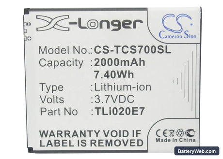 TCL S700T Replacement Battery, 3.7V, 2000mAh, Li-ion 5