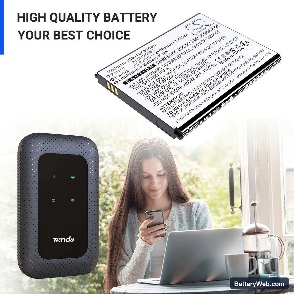 Tenda 4G180. 4G LTE Replacement Battery, 3.8V, 2100mAh, Li-ion 6
