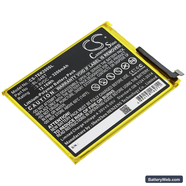 Tecno Spark 2 Replacement Battery, 3.8V, 3200mAh, Li-Polymer 1