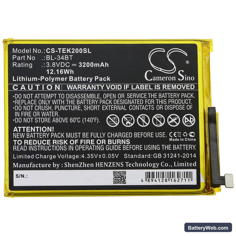 Tecno Spark 2 Replacement Battery, 3.8V, 3200mAh, Li-Polymer 3