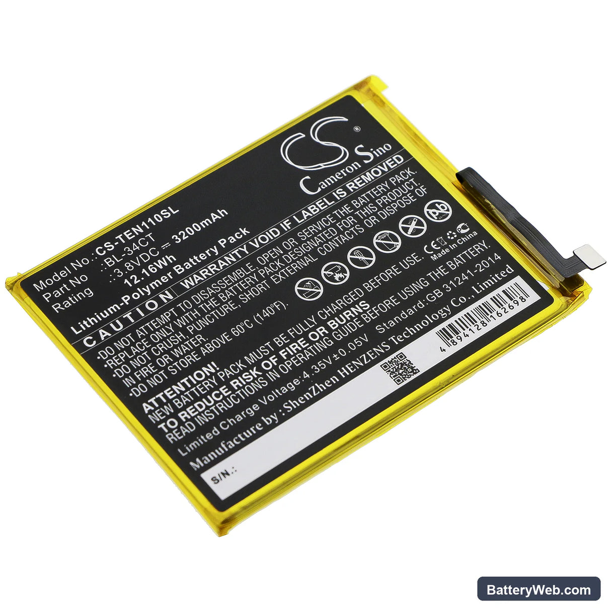 Tecno Camon 11S Replacement Battery, 3.8V, 3200mAh, Li-Polymer 1