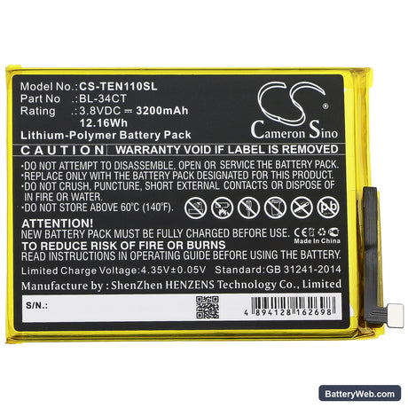 Tecno Camon 11S Replacement Battery, 3.8V, 3200mAh, Li-Polymer 3