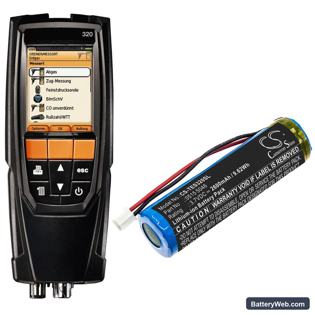 Testo 320 Combustion Analyzer Replacement Battery, 3.7V, 2600mAh, Li-ion 6