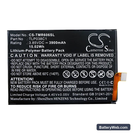 T-Mobile Revvl 2 Plus Replacement Battery, 3.85V, 3900mAh, Li-Polymer 3