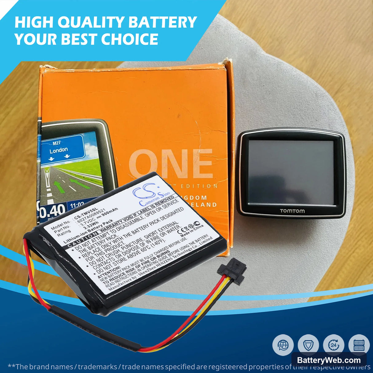 TomTom ONE IQ Replacement Battery, 3.7V, 900mAh, Li-ion 6