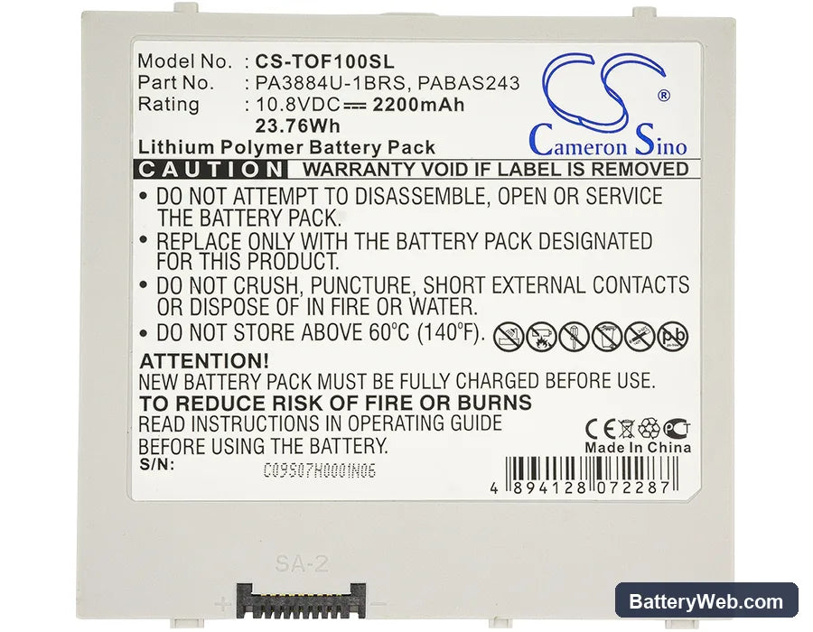 Toshiba 10 Thrive Replacement Battery, 10.8V, 2200mAh, Li-Polymer 3