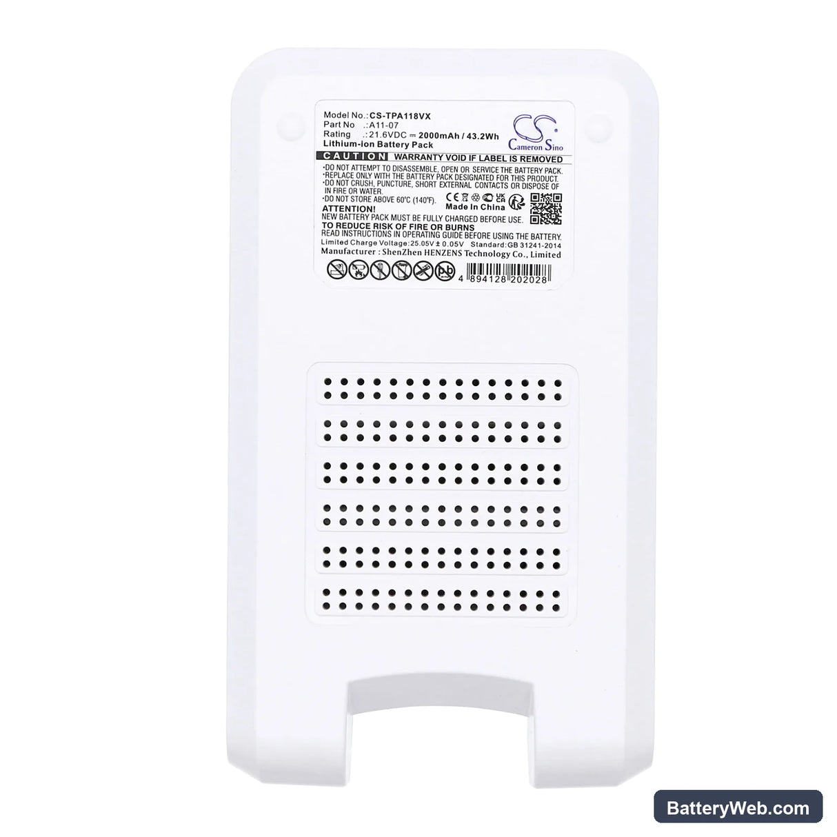 Tineco A11 Tango Replacement Battery, 21.6V, 2000mAh, Li-ion 6