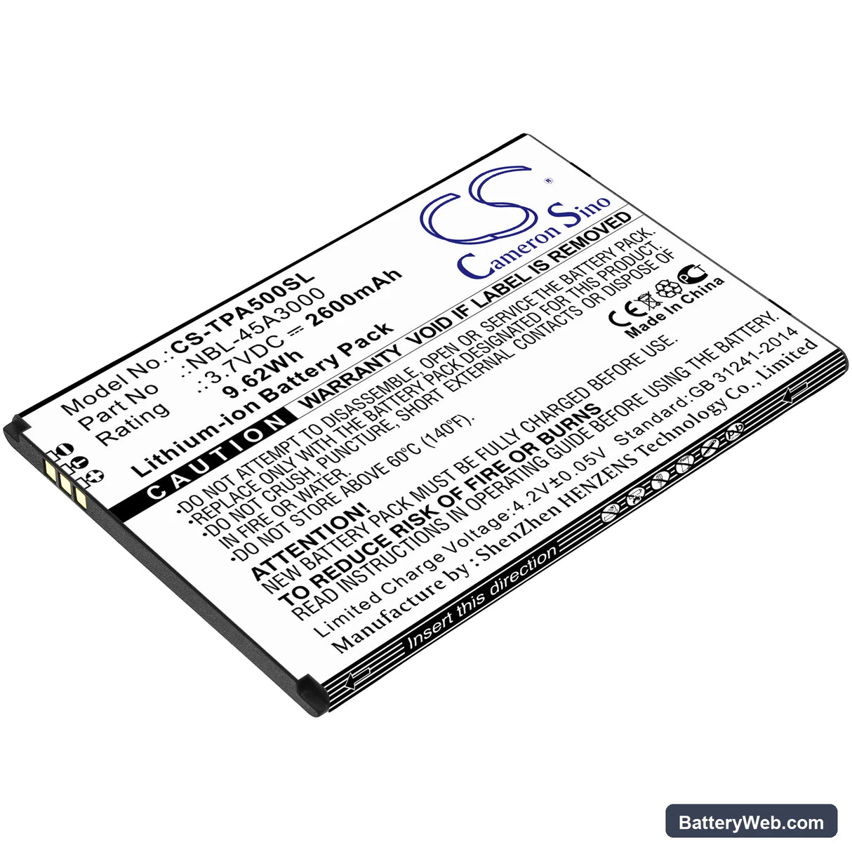 TP-Link Neffos A5 Replacement Battery, 3.7V, 2600mAh, Li-ion 1