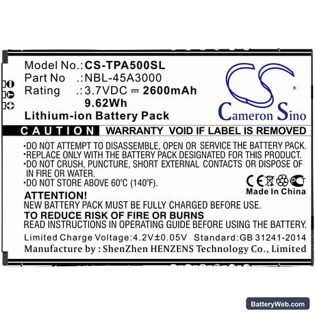 TP-Link Neffos A5 Replacement Battery, 3.7V, 2600mAh, Li-ion 3